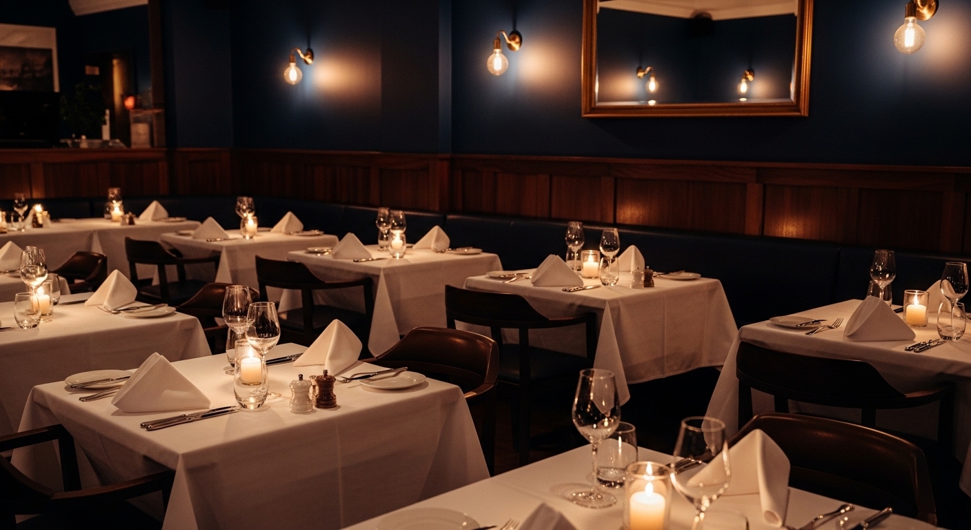 Tide & Ember dining room — candlelit tables with white linen, navy walls, and Edison sconces